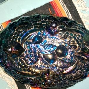 HP   Blue Carnival glass Indiana fruit bowl footed